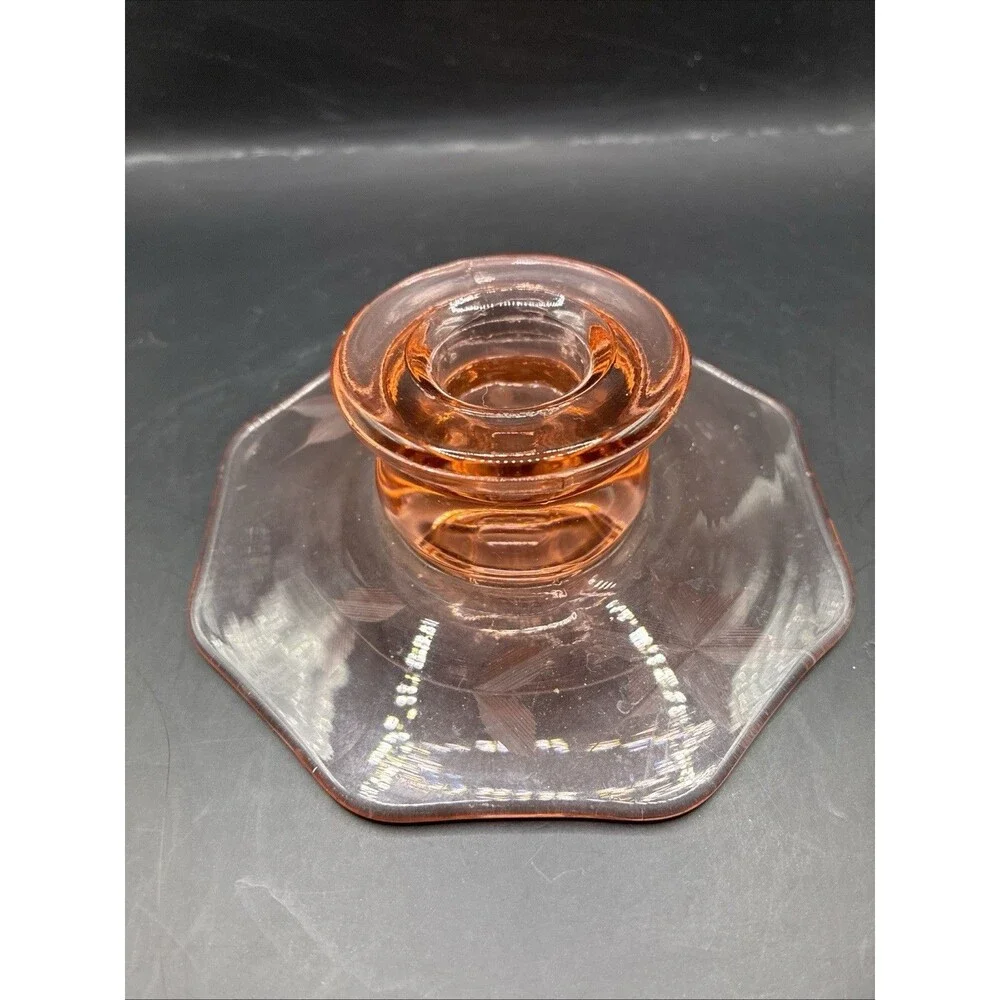 Vintage Pink Depression Glass Pillar Candle Holder Etched Floral Design